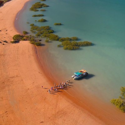 Aerial view of a beach with a boat, people, and surrounding vegetation.