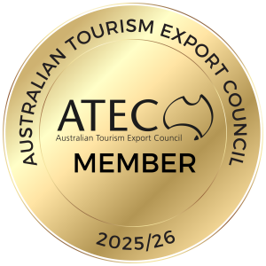 Gold badge with ATEC logo, 'Australian Tourism Export Council Member 2025/26'.