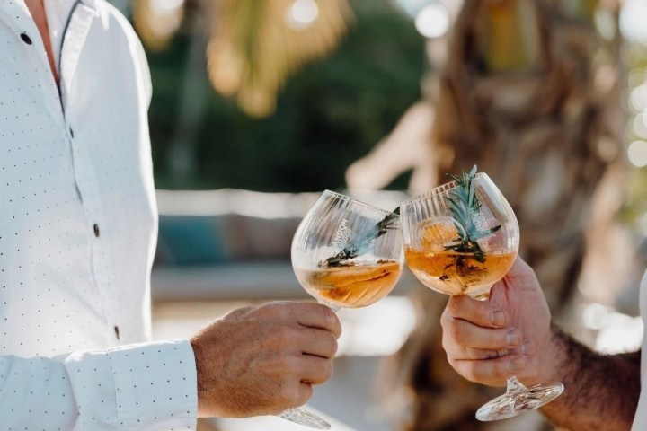 Two people clinking glasses with orange drinks outdoors.