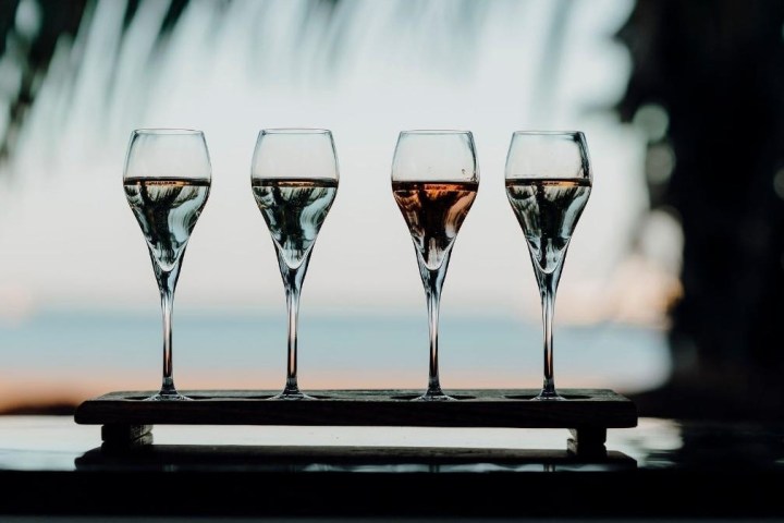 Four filled wine glasses on a wooden holder with blurred palm tree background.