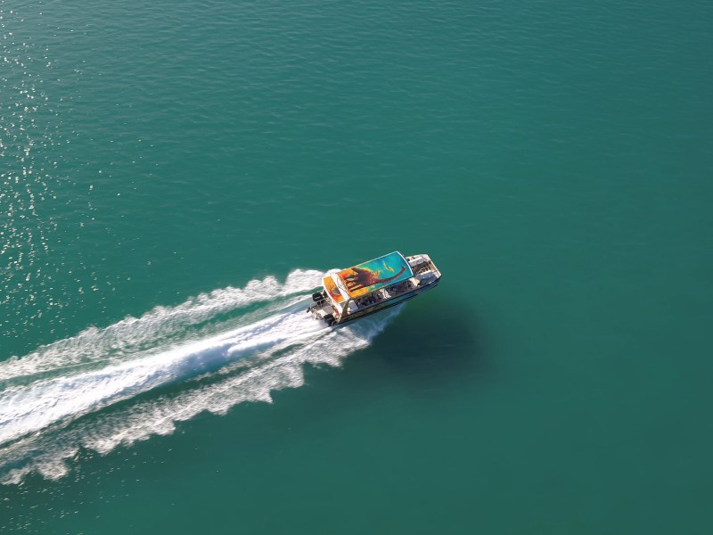 Aerial view of a boat speeding on turquoise water with a trail of white wake.