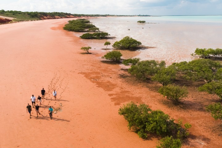 People walking on a wide red sandy beach near green shrubs and water.