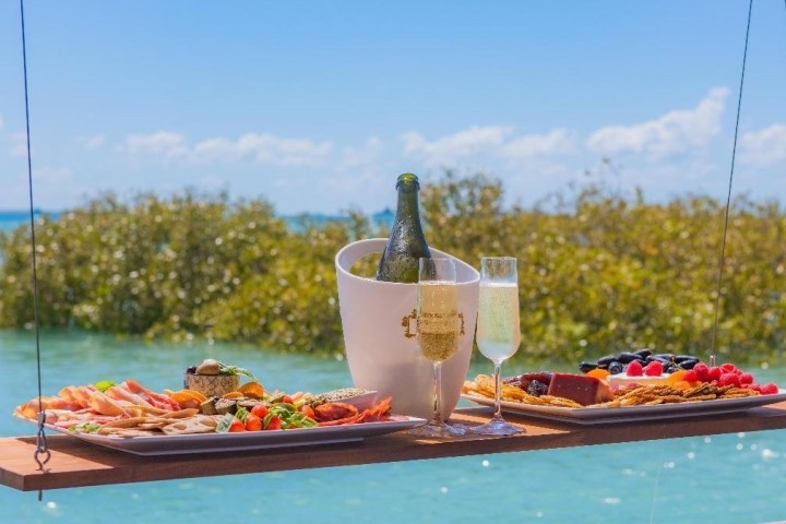 Swing shelf with food, champagne on a sunny day by the water.