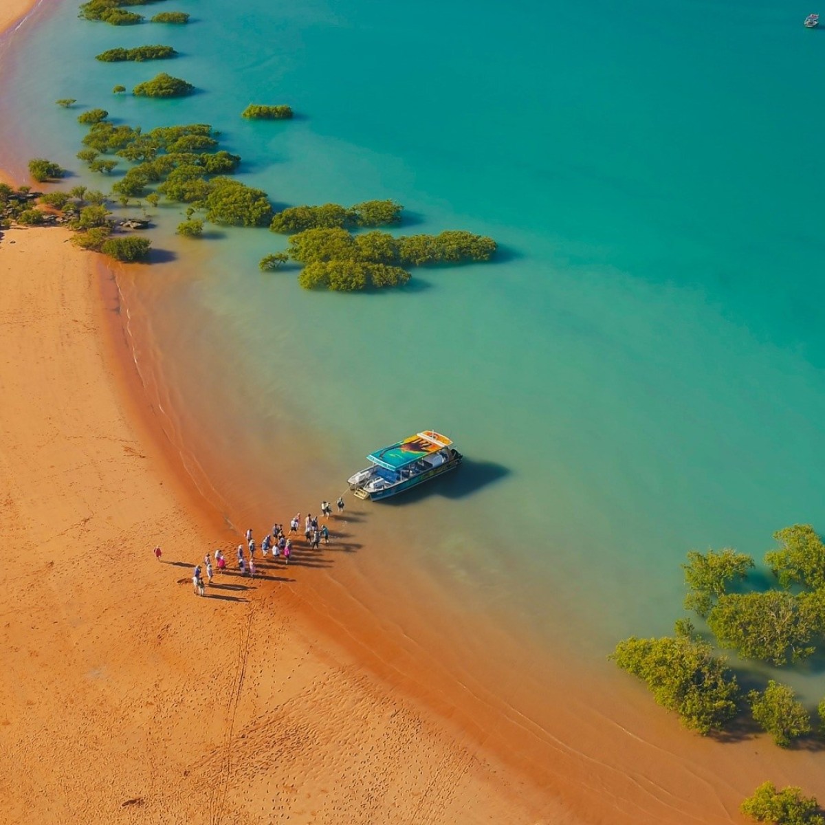 Aerial view of a beach with a boat and people by the shoreline and scattered green bushes in clear blue water.