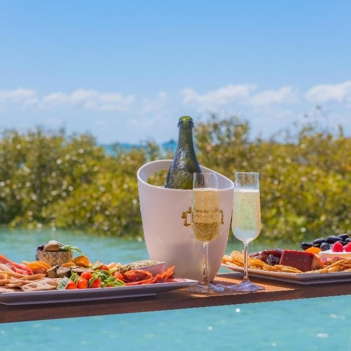 Suspended tray with wine, glasses, seafood, and snacks by the sea on a sunny day.