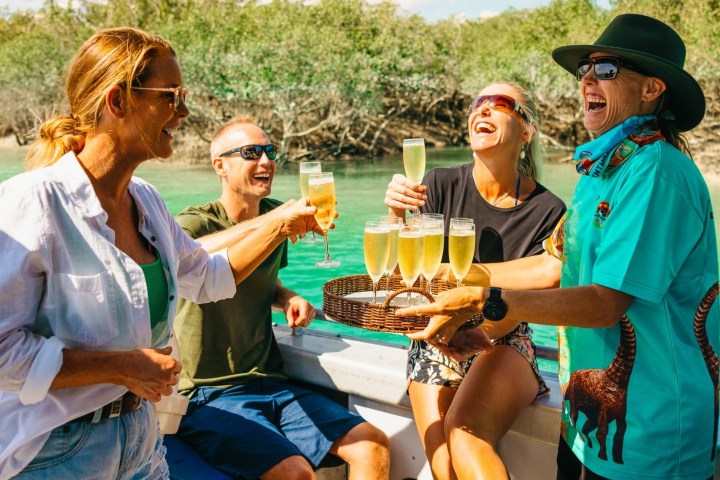 Group of people laughing and toasting with drinks on a boat near water and mangroves.