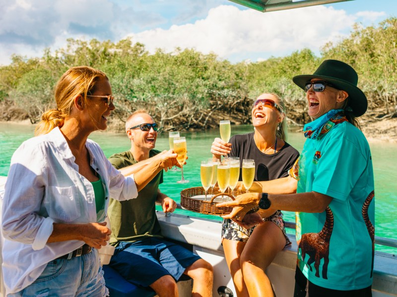 Group of people laughing and toasting with drinks on a boat in a sunny, green water setting.