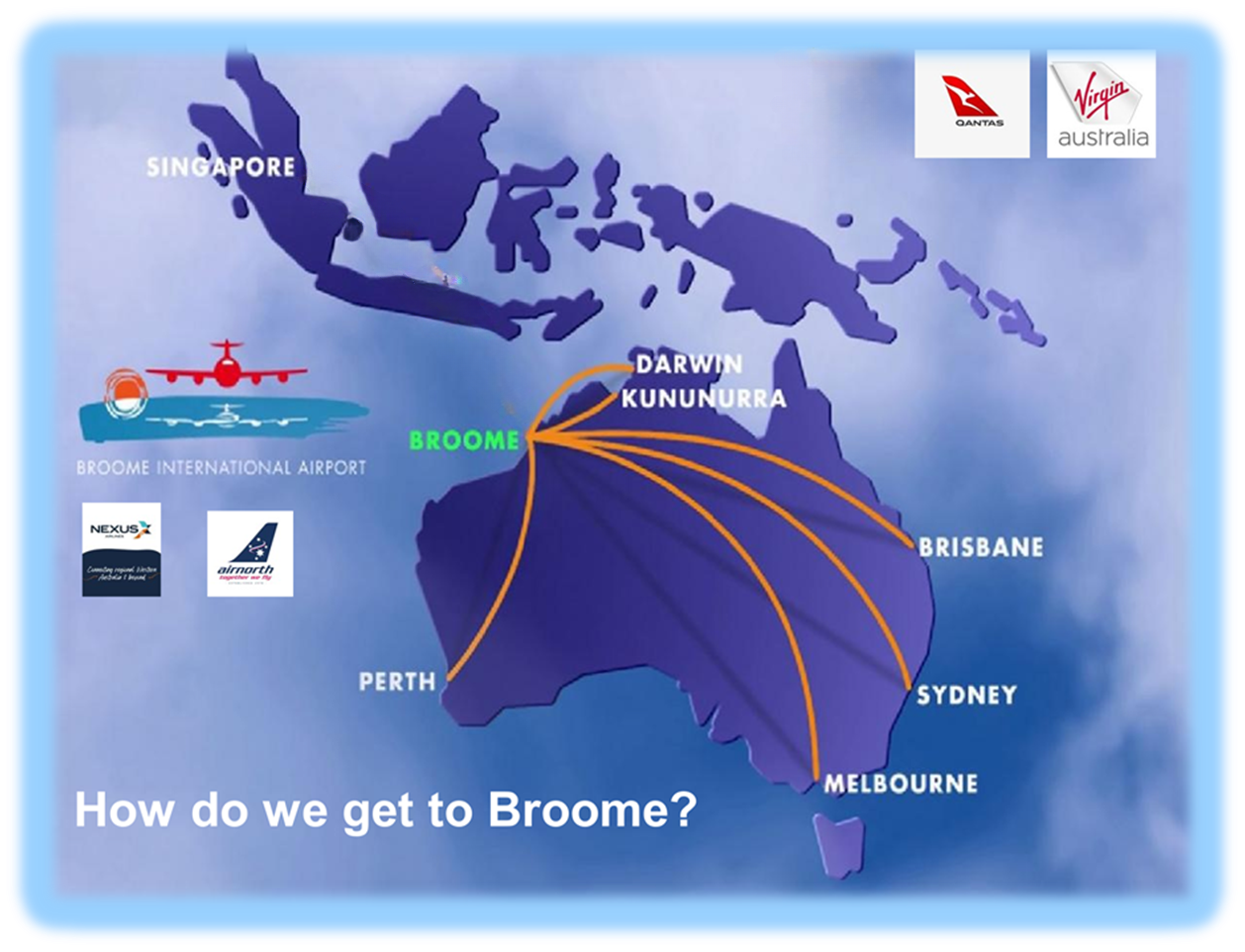 Map showing flight routes to Broome, Australia from major cities and Singapore, with airline logos.