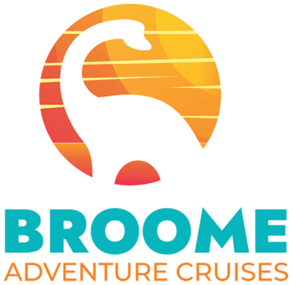 Logo with dinosaur shape, sunset colors, 'Broome Adventure Cruises' text.